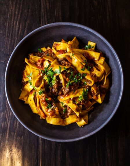 pasta dish on black ceramic bowl
